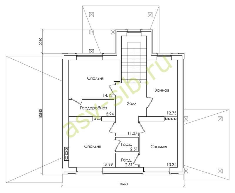 Планировка второго этажа дома из бетона со множеством гардеробных комнат по проекту П-203