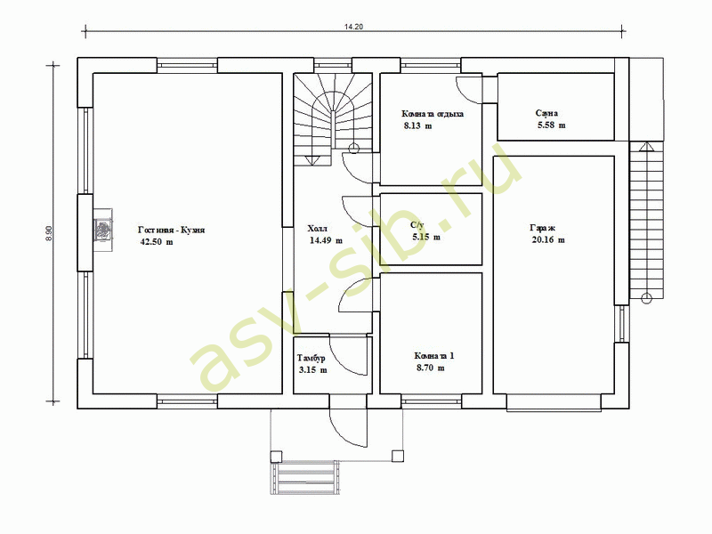 План первого этажа дома для двух семей по проекту П-204.
